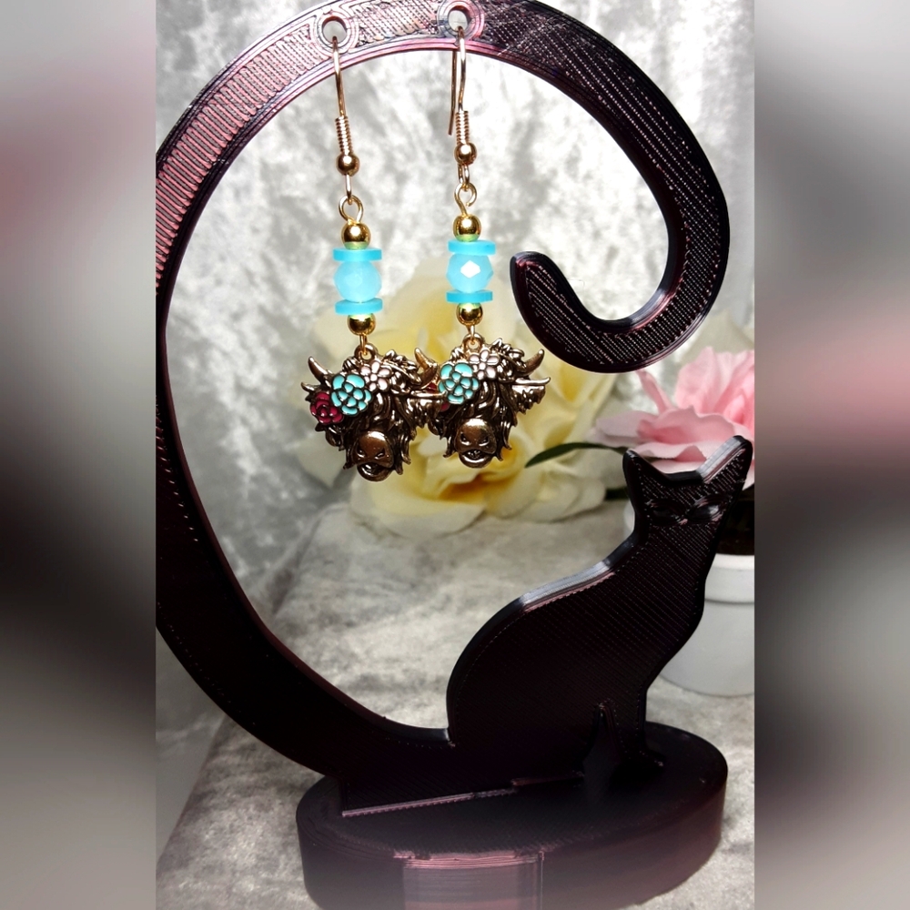 Handmade Highland Cow Earrings Goldtone Teal